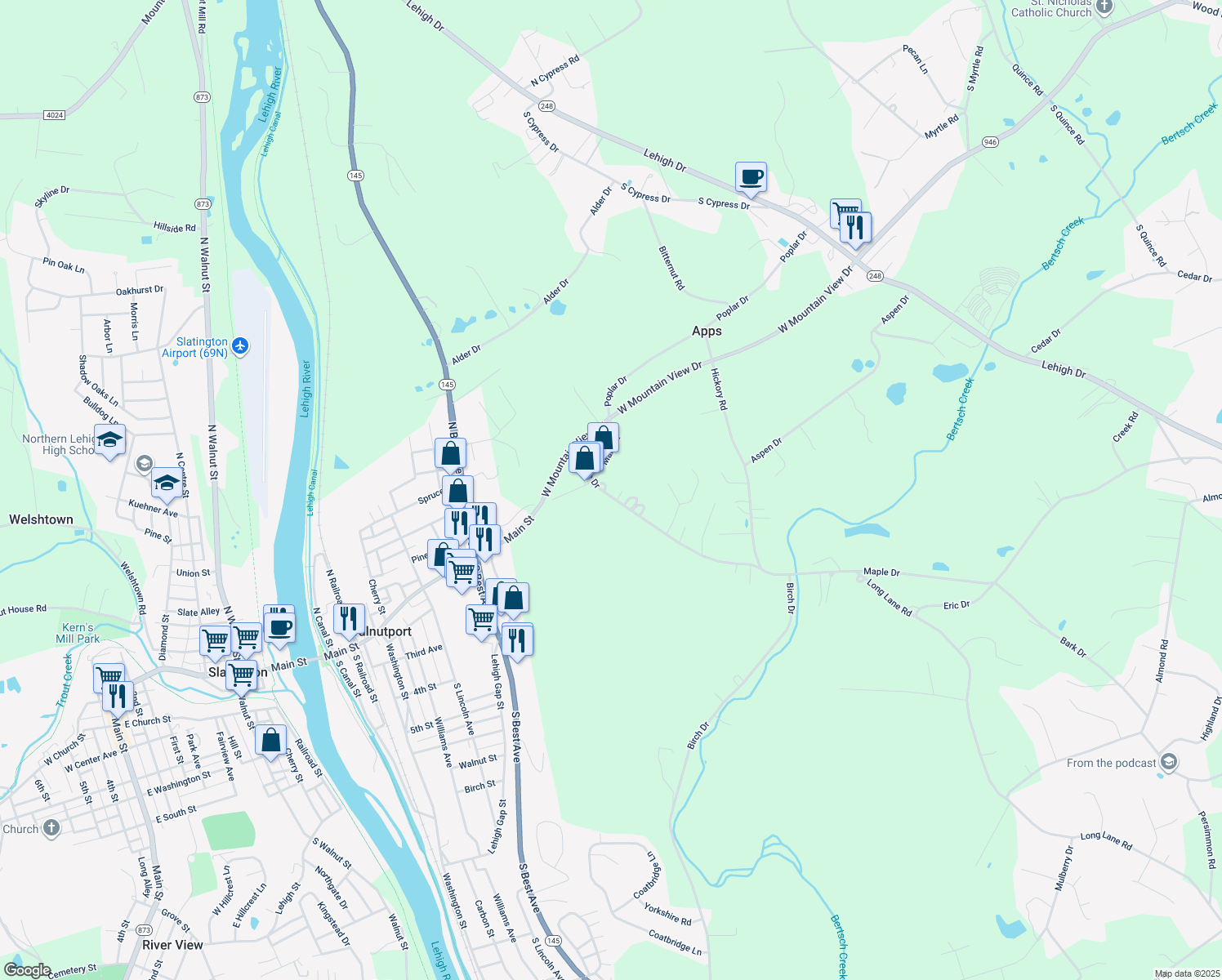 map of restaurants, bars, coffee shops, grocery stores, and more near 4834 Maple Drive in Walnutport