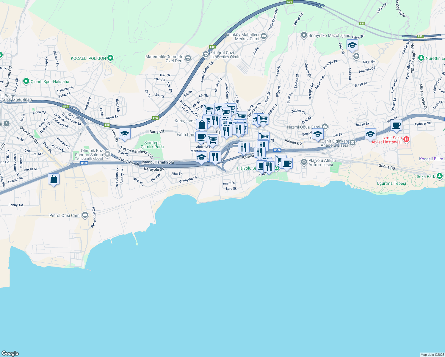 map of restaurants, bars, coffee shops, grocery stores, and more near 3 Ada Sokak in İzmit