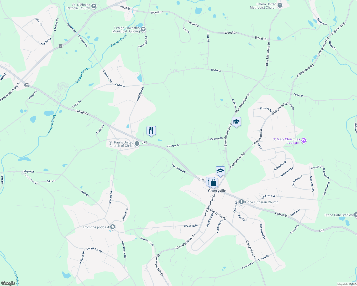 map of restaurants, bars, coffee shops, grocery stores, and more near 4276 Cashew Dr in Walnutport