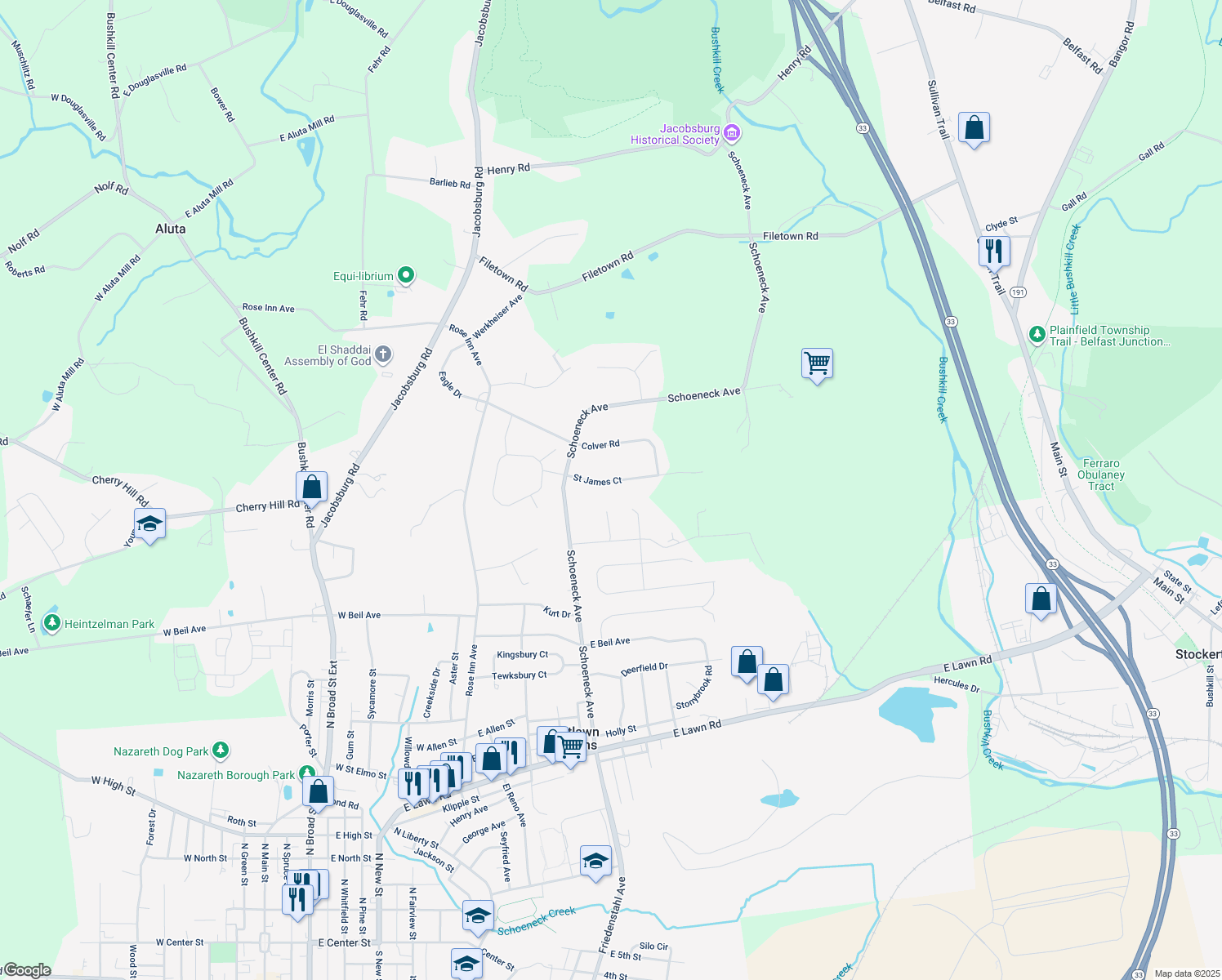 map of restaurants, bars, coffee shops, grocery stores, and more near 426 Saint James Court in Nazareth