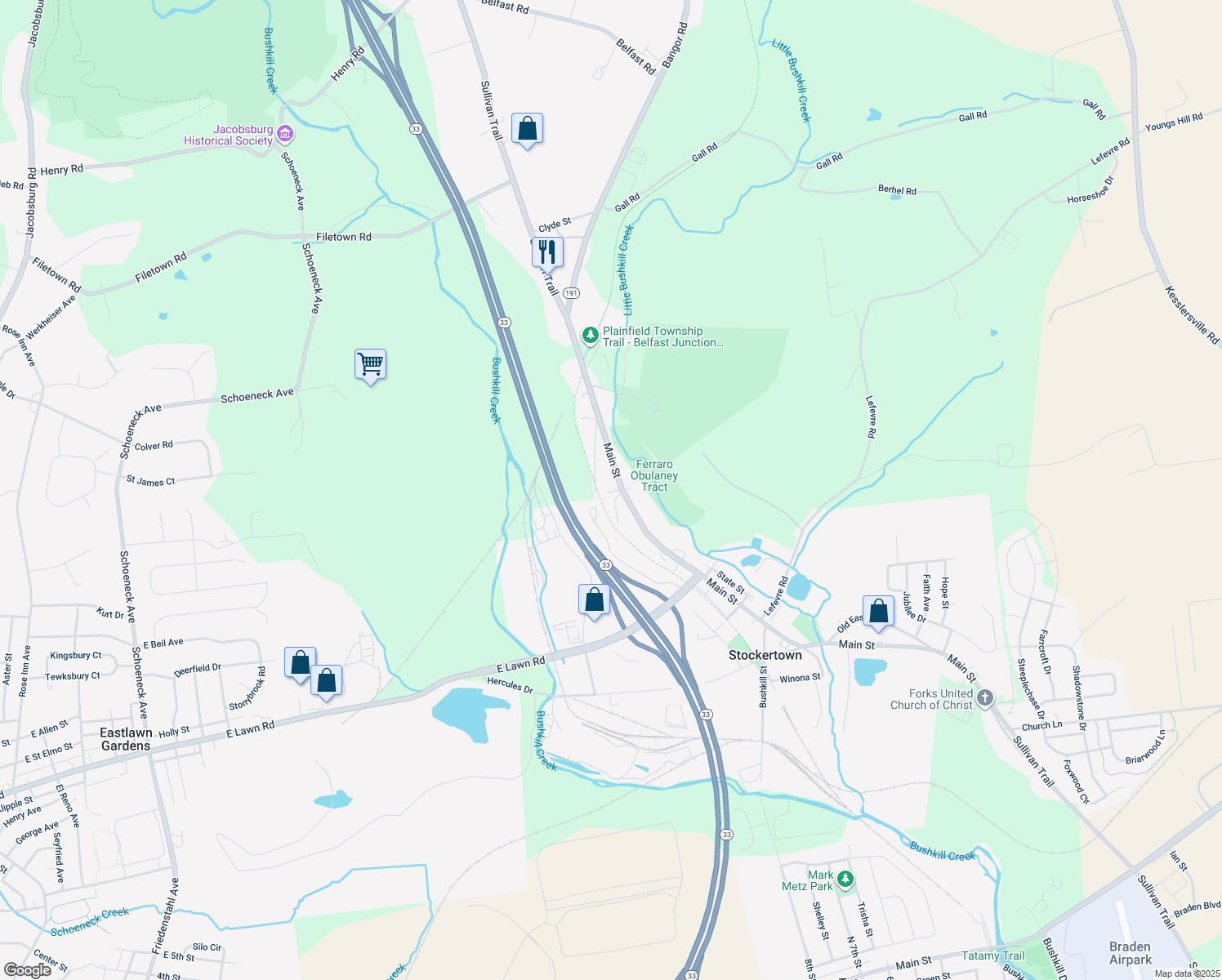 map of restaurants, bars, coffee shops, grocery stores, and more near 600 Main St in Easton
