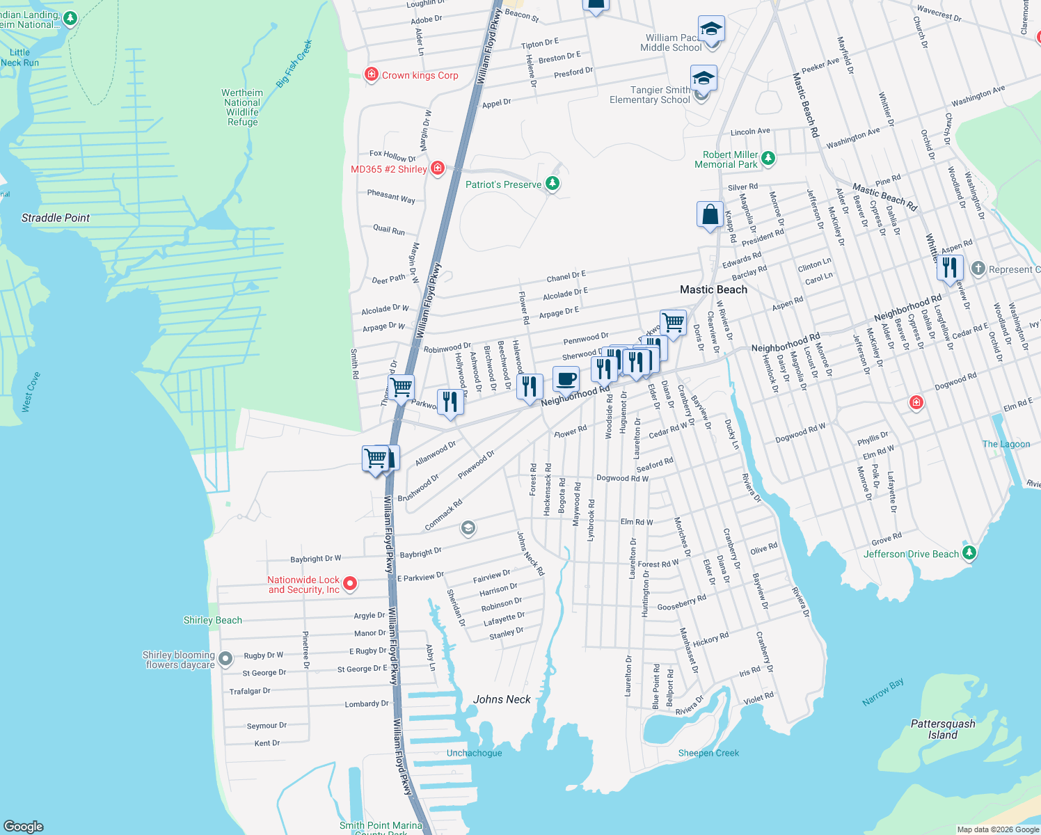 map of restaurants, bars, coffee shops, grocery stores, and more near 100 Brushwood Drive in Shirley