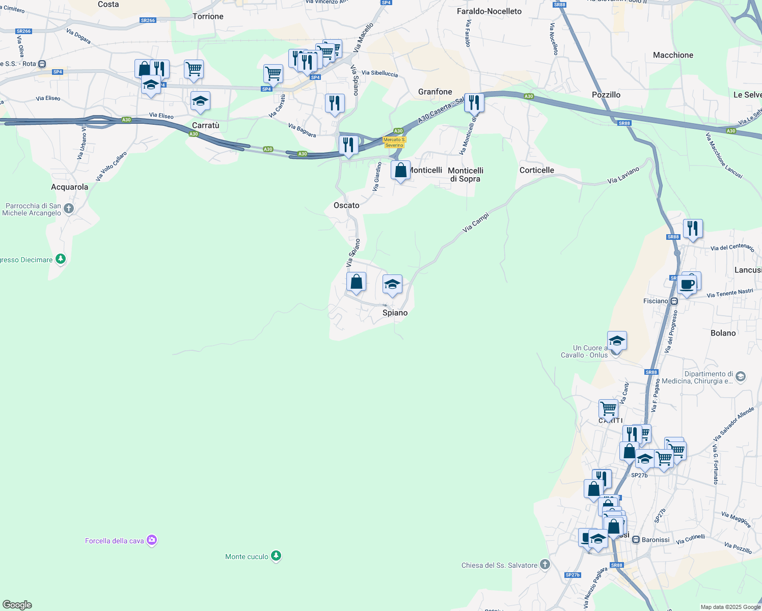 map of restaurants, bars, coffee shops, grocery stores, and more near 22 Via Casa Iannone in Mercato San Severino