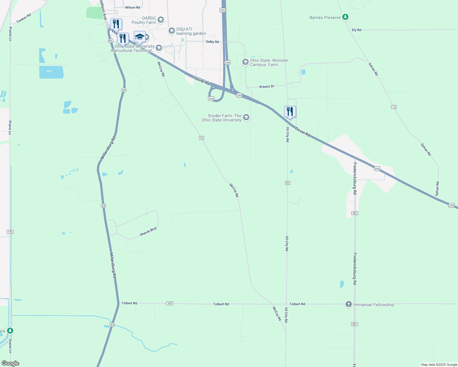 map of restaurants, bars, coffee shops, grocery stores, and more near Township Highway 10 in Wooster