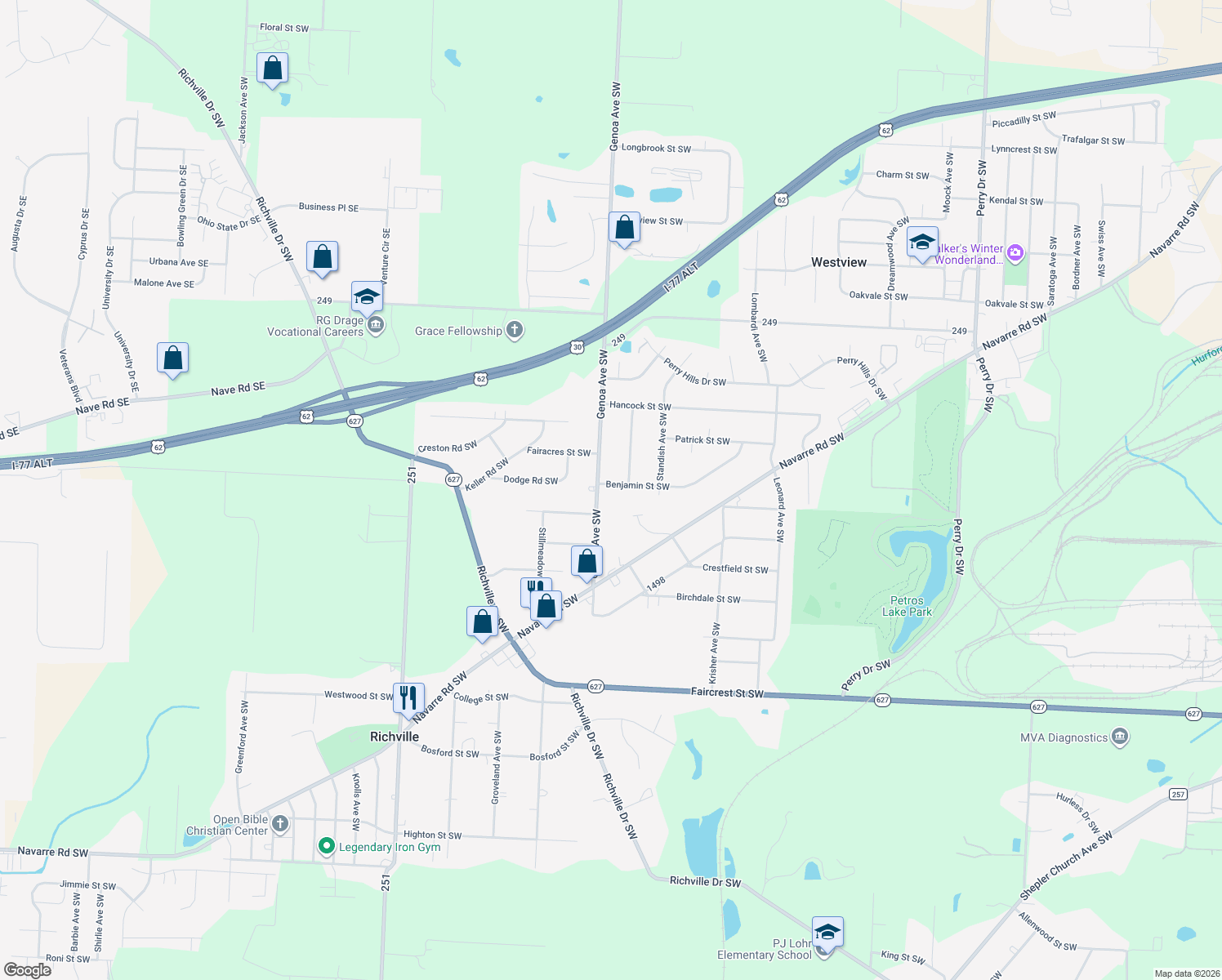 map of restaurants, bars, coffee shops, grocery stores, and more near 5998 Benjamin Street Southwest in Canton