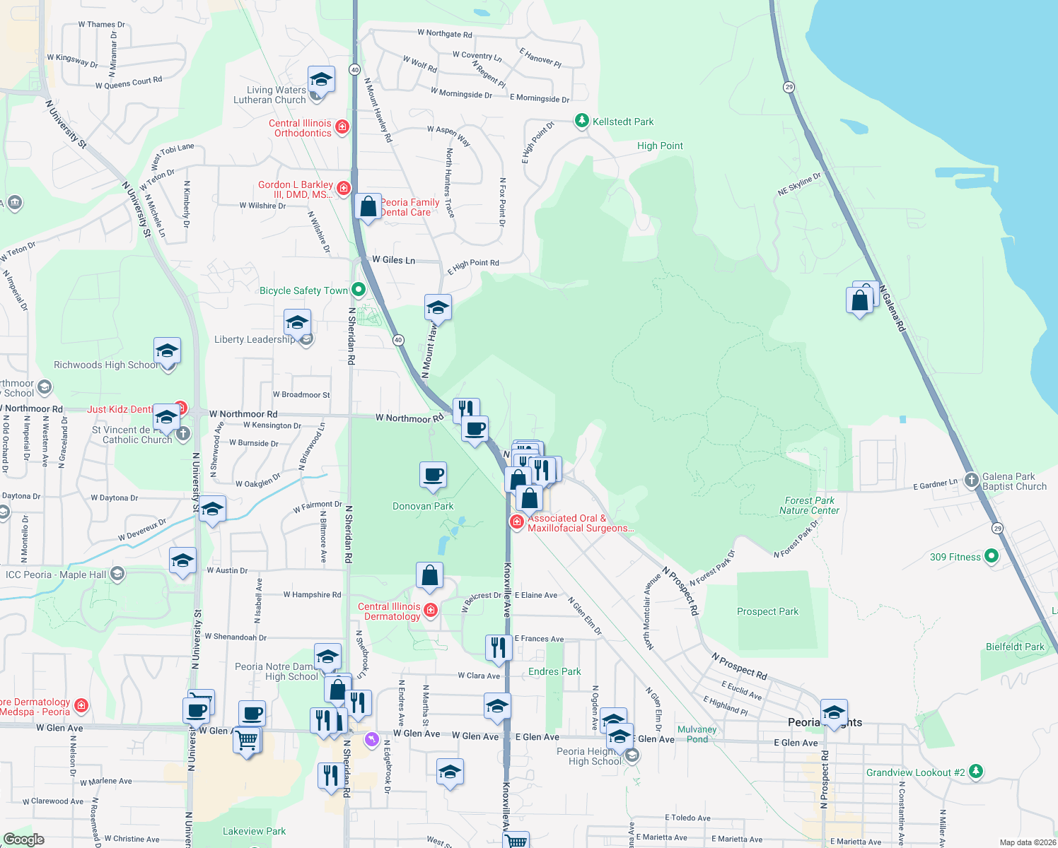 map of restaurants, bars, coffee shops, grocery stores, and more near 6045 N Wickwood Rd in Peoria