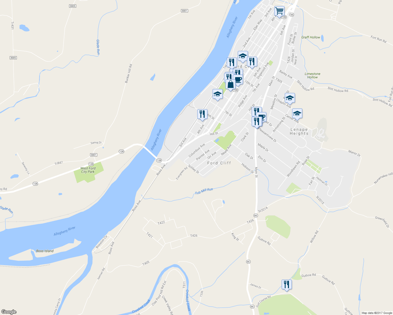 map of restaurants, bars, coffee shops, grocery stores, and more near 717 Painter Ave in Ford Cliff