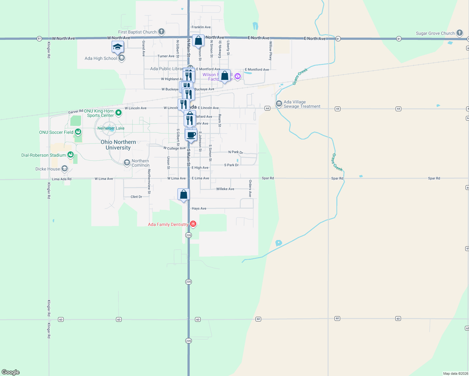 map of restaurants, bars, coffee shops, grocery stores, and more near 414 Willeke Ave in Ada