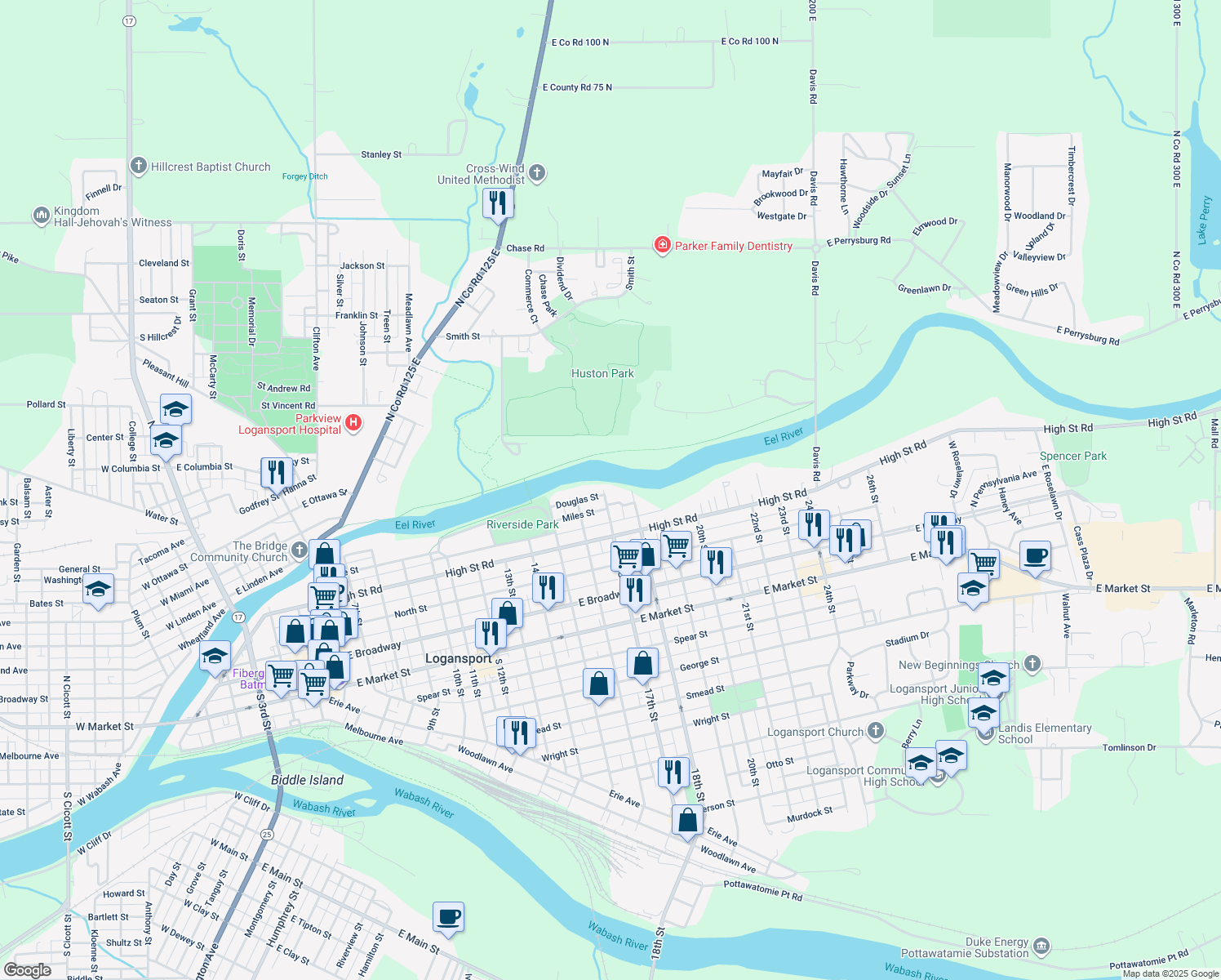 map of restaurants, bars, coffee shops, grocery stores, and more near 44 17th St in Logansport
