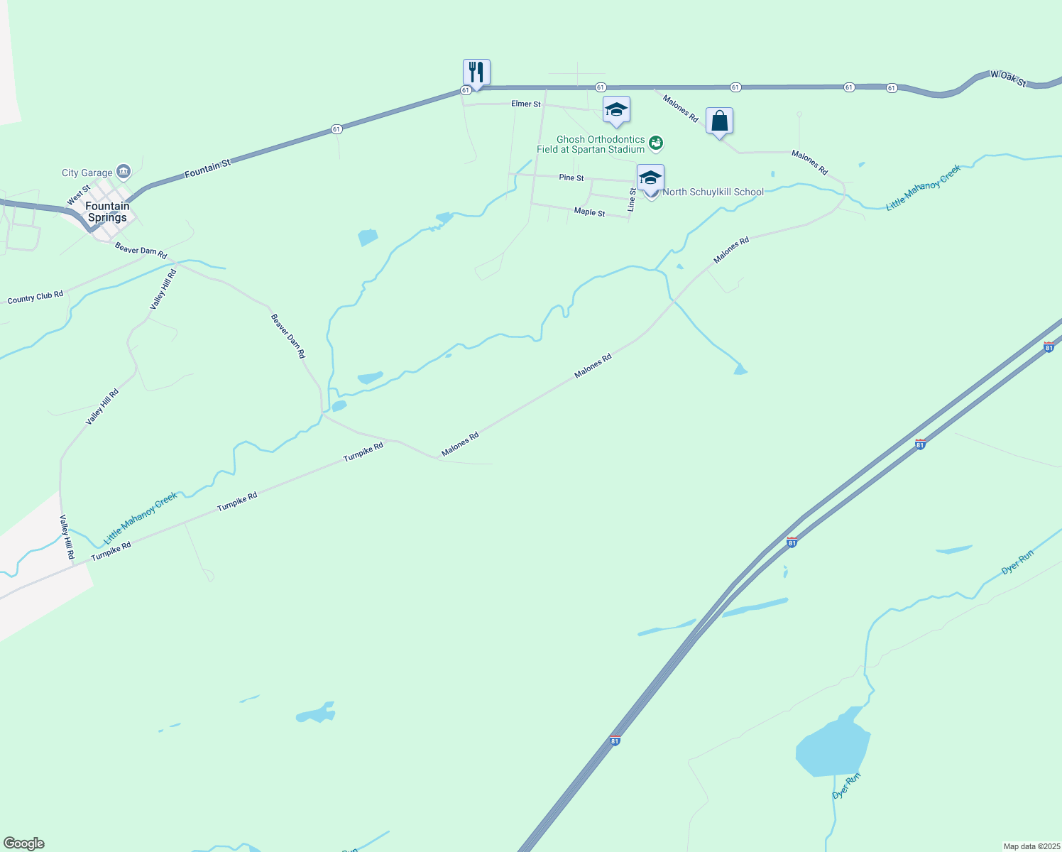 map of restaurants, bars, coffee shops, grocery stores, and more near 72 Malones Road in Ashland