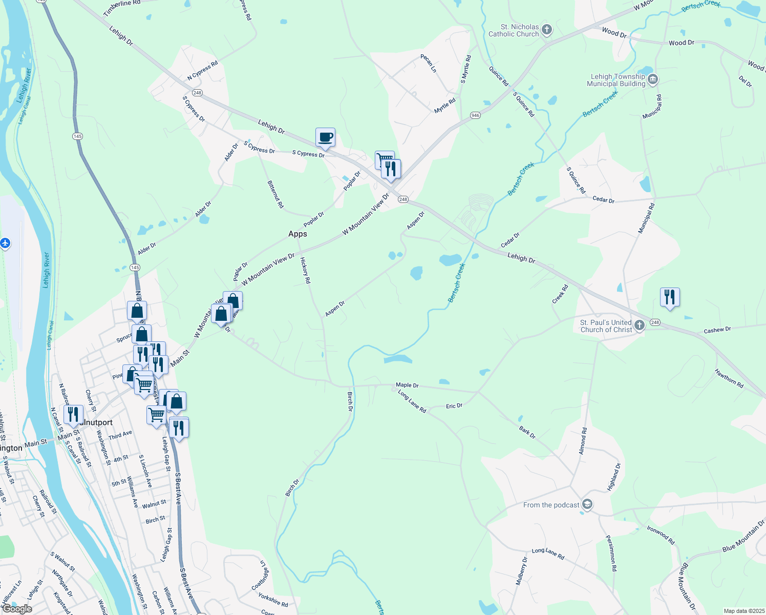 map of restaurants, bars, coffee shops, grocery stores, and more near 4655 Aspen Dr in Walnutport