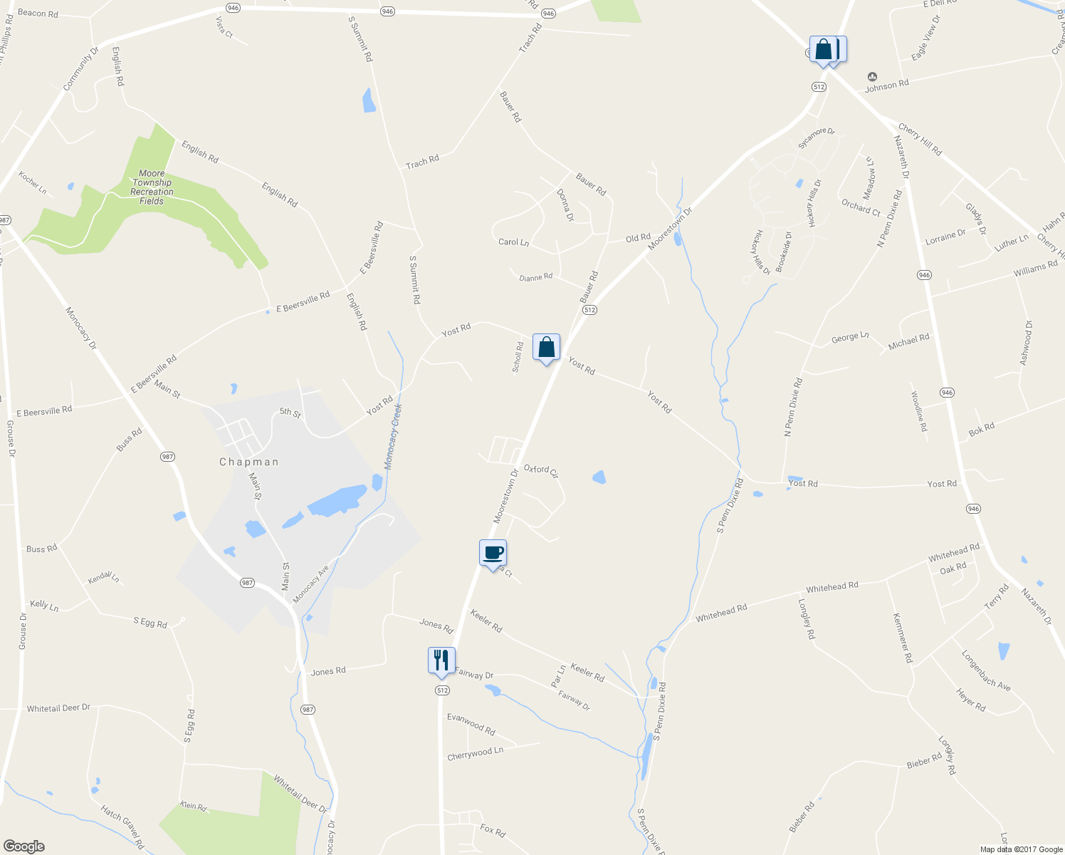 map of restaurants, bars, coffee shops, grocery stores, and more near 671 Moorestown Drive in Bath