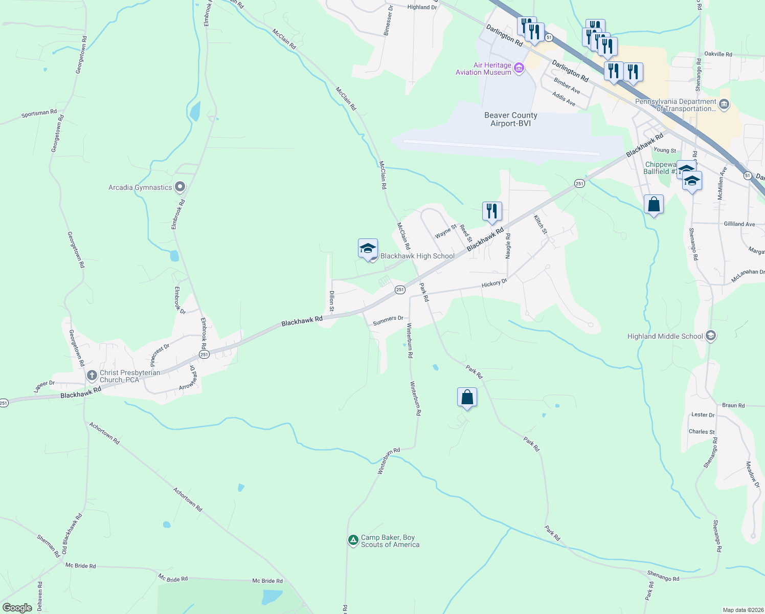 map of restaurants, bars, coffee shops, grocery stores, and more near 541 Blackhawk Rd in Beaver Falls