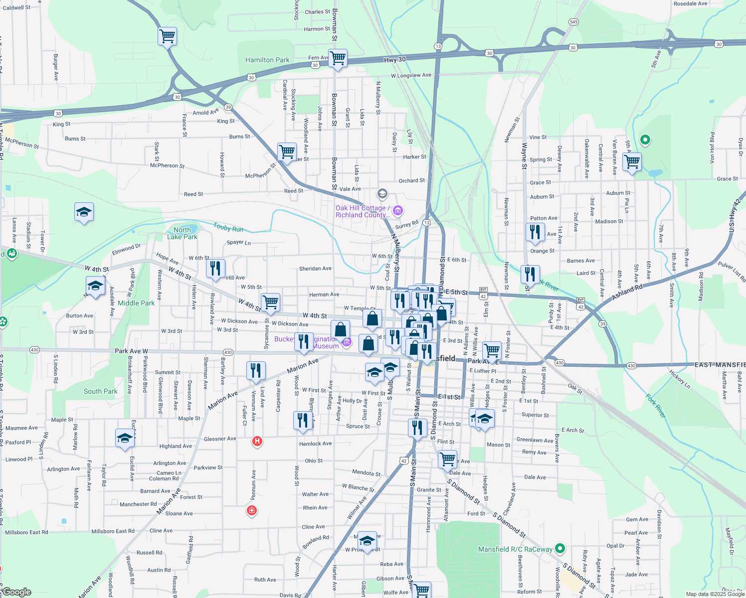 map of restaurants, bars, coffee shops, grocery stores, and more near 139 Pleasant Avenue in Mansfield
