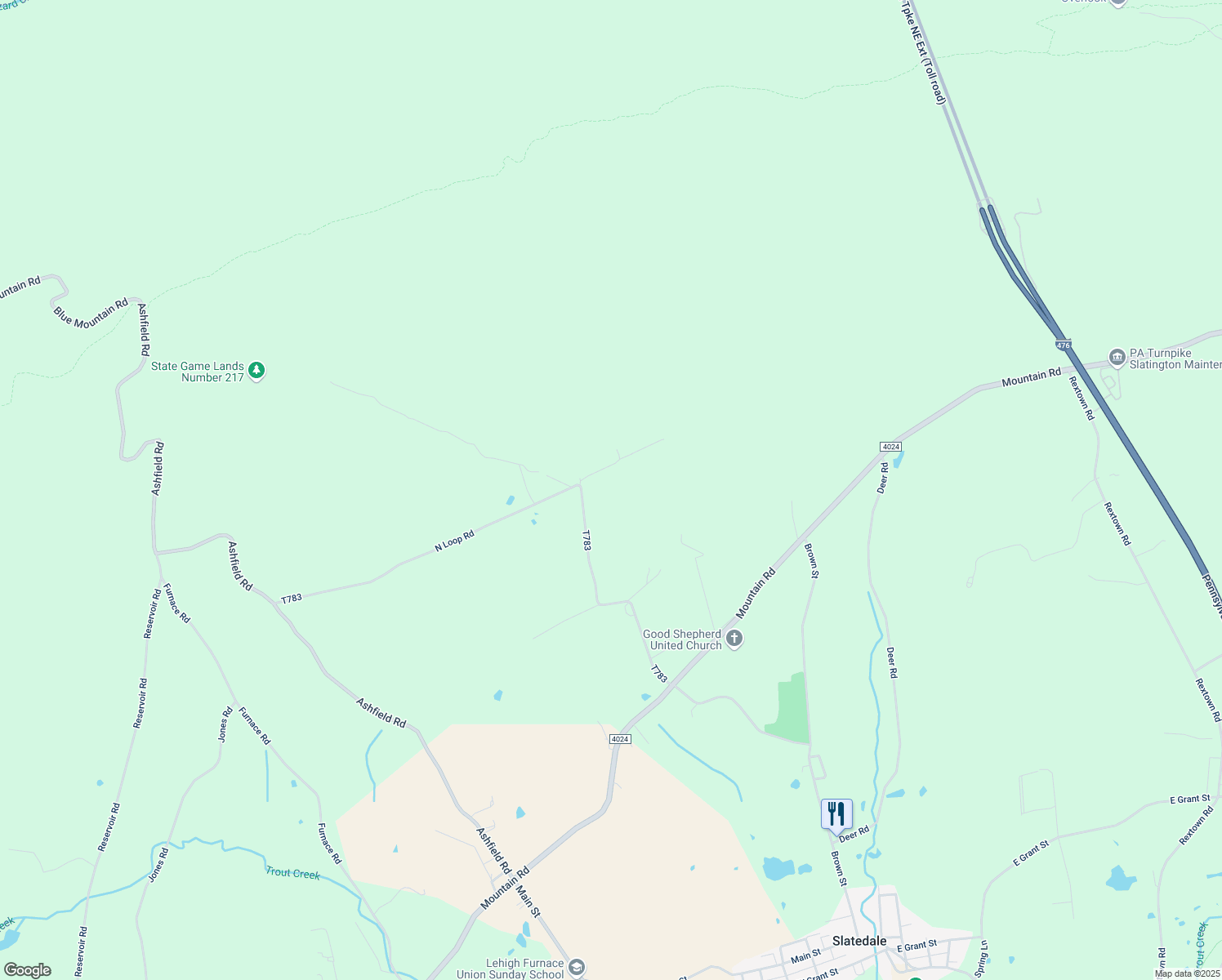 map of restaurants, bars, coffee shops, grocery stores, and more near 9041 N Loop Rd in Slatington