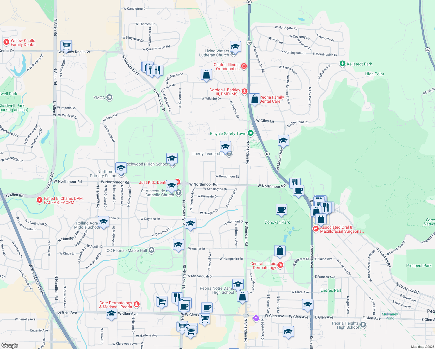 map of restaurants, bars, coffee shops, grocery stores, and more near 921 West Broadmoor Street in Peoria
