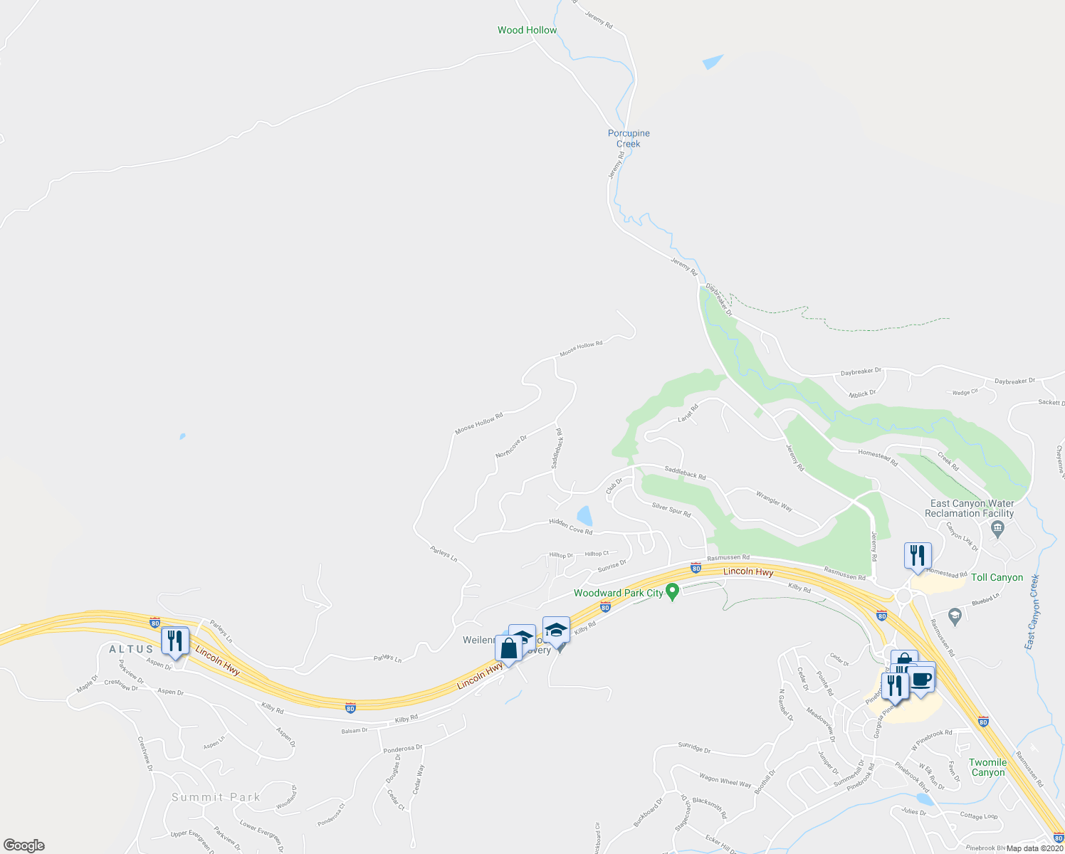 map of restaurants, bars, coffee shops, grocery stores, and more near 8987 Northcove Drive in Park City