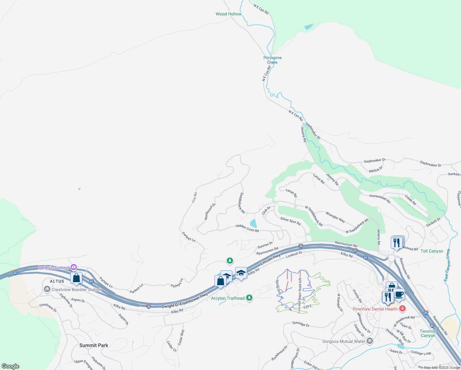 map of restaurants, bars, coffee shops, grocery stores, and more near 8987 Northcove Drive in Park City