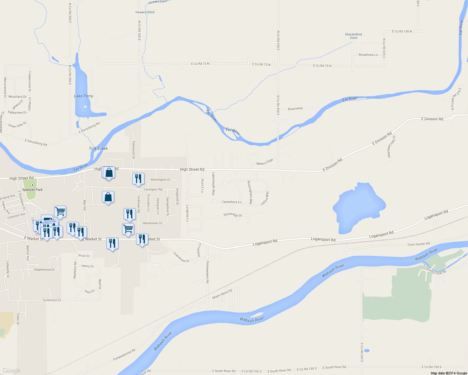 map of restaurants, bars, coffee shops, grocery stores, and more near 211 Newport Way in Logansport