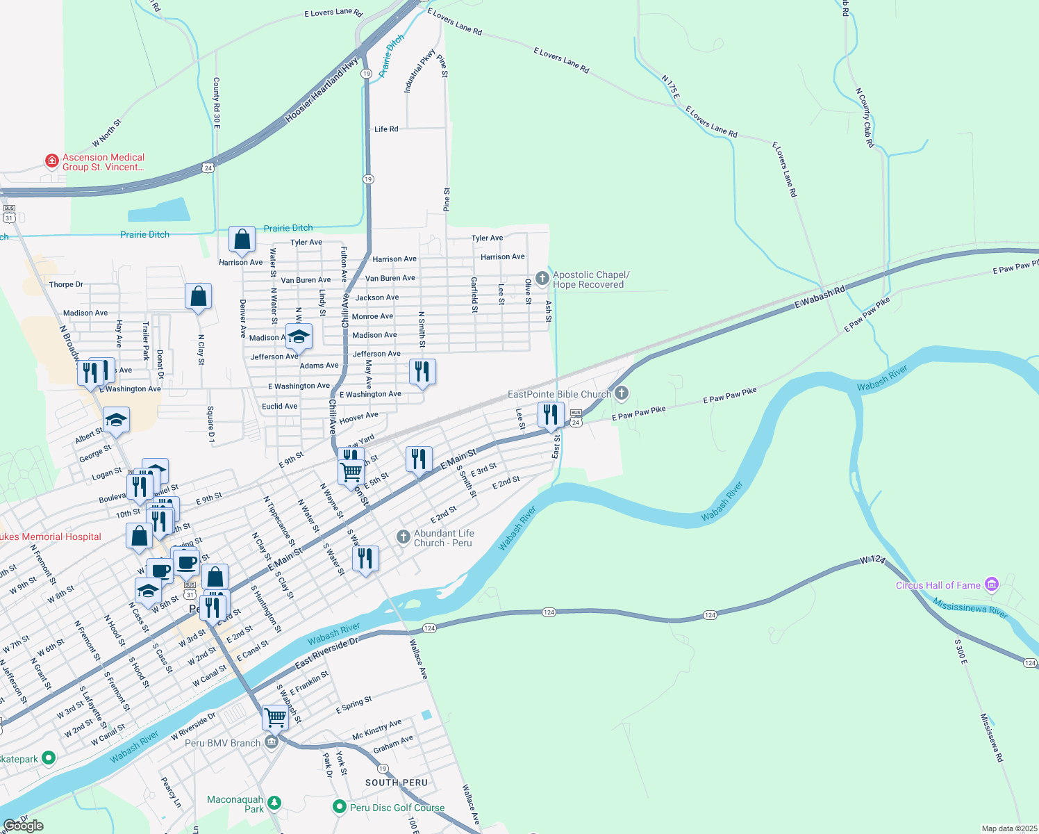 map of restaurants, bars, coffee shops, grocery stores, and more near 598 E 5th St in Peru