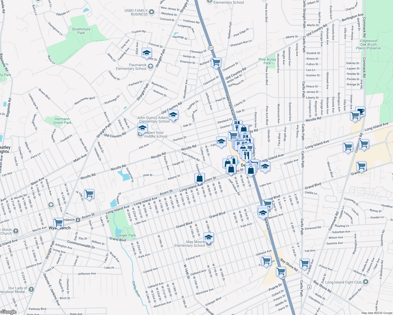 map of restaurants, bars, coffee shops, grocery stores, and more near 325 Half Hollow Road in Deer Park