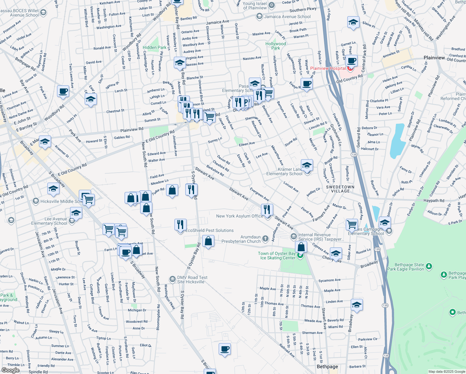 map of restaurants, bars, coffee shops, grocery stores, and more near 1150 Stewart Avenue in Bethpage