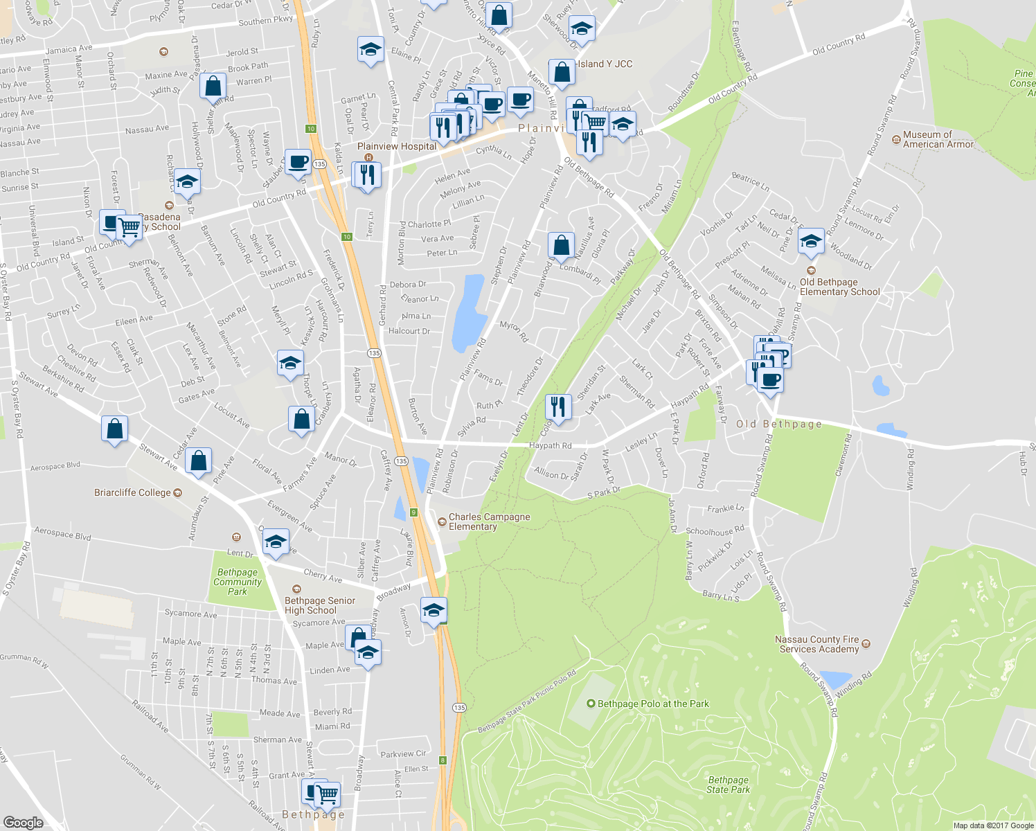 map of restaurants, bars, coffee shops, grocery stores, and more near 17 Lent Drive in Plainview