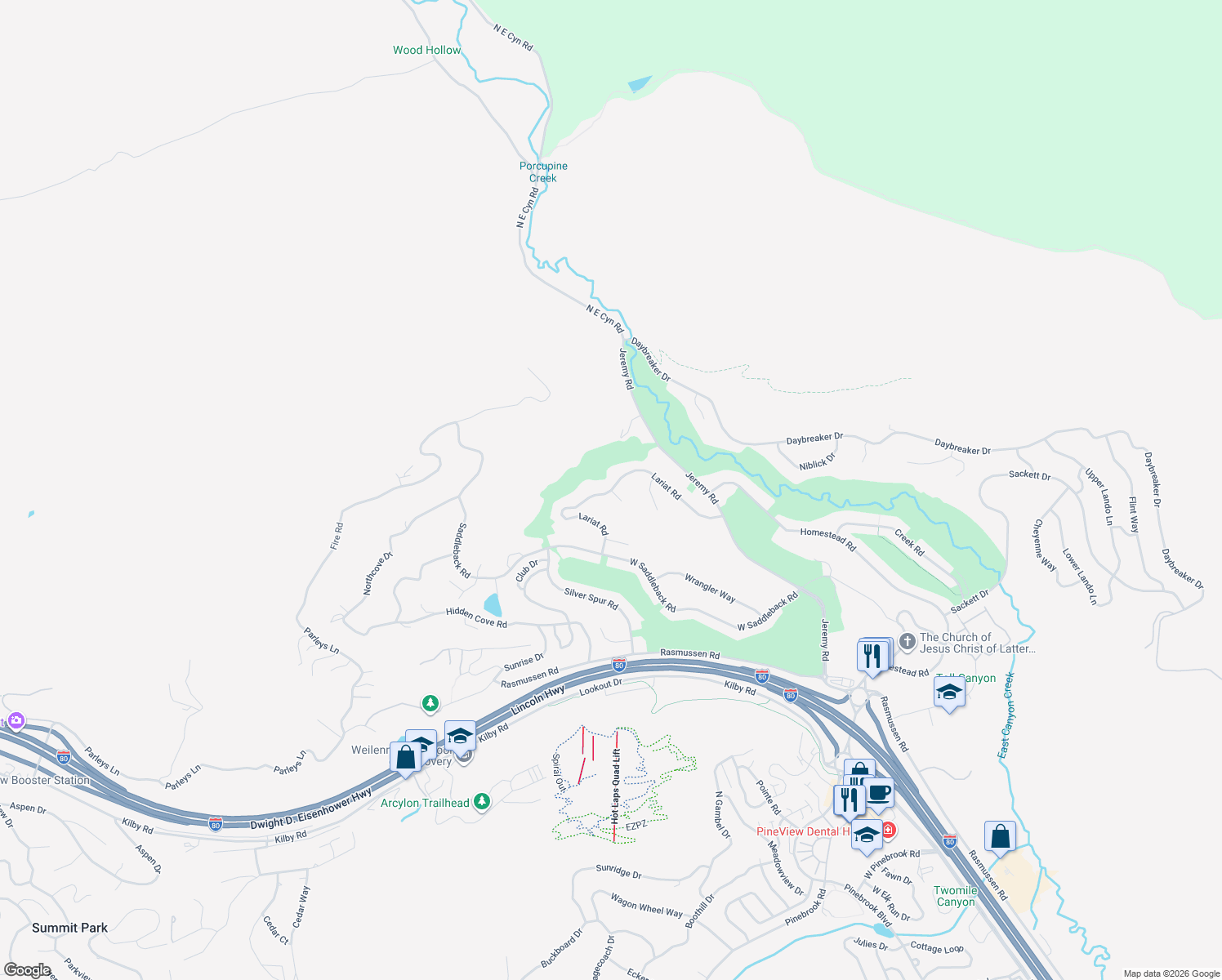 map of restaurants, bars, coffee shops, grocery stores, and more near 3630 Lariat Road in Park City