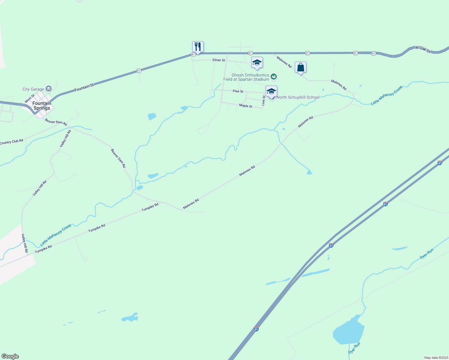 map of restaurants, bars, coffee shops, grocery stores, and more near 85 Malones Road in Ashland