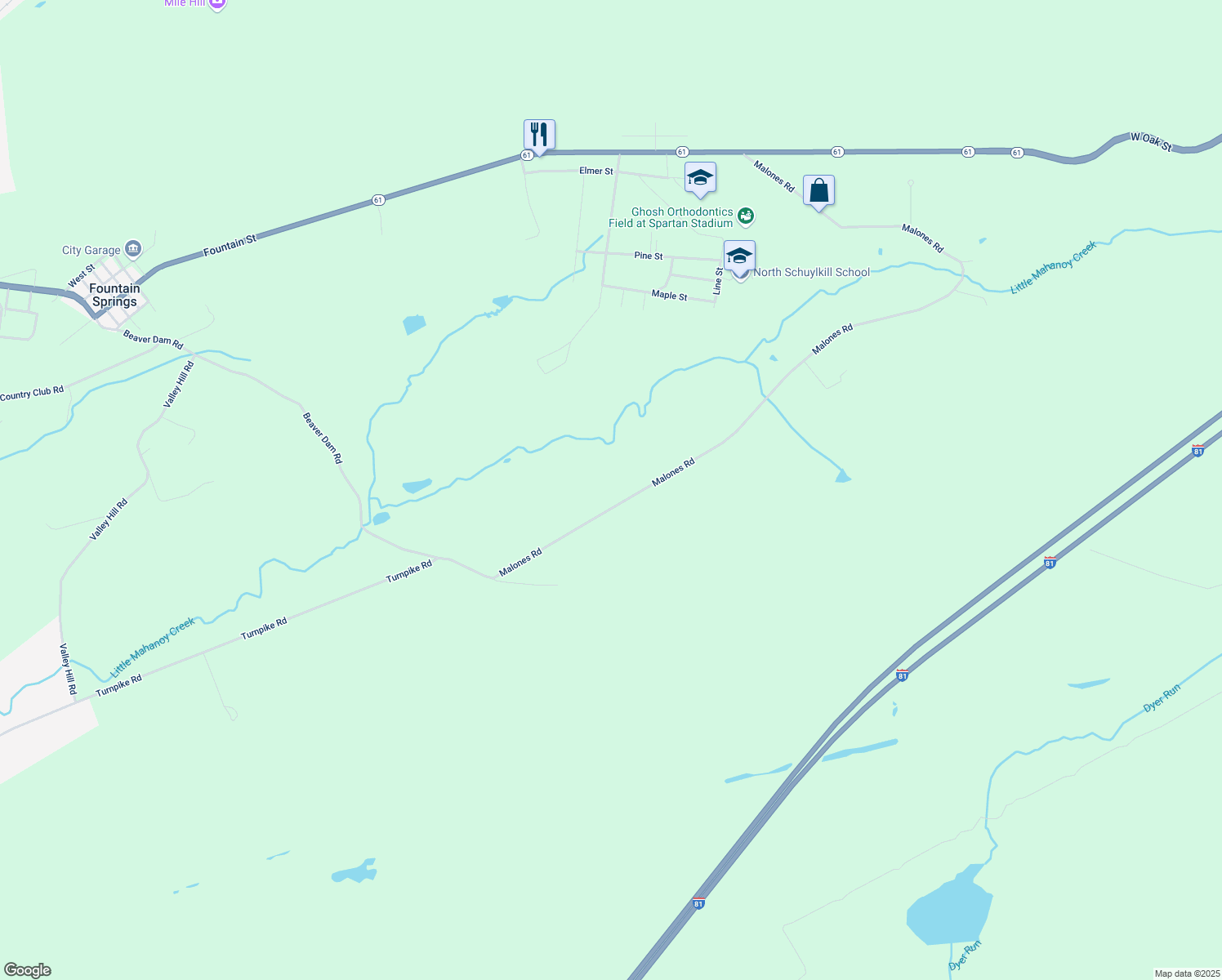map of restaurants, bars, coffee shops, grocery stores, and more near 85 Malones Road in Ashland