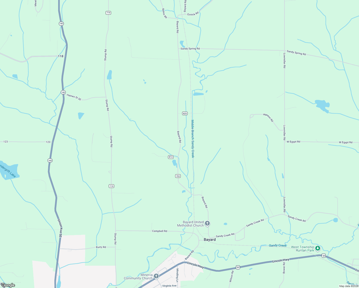 map of restaurants, bars, coffee shops, grocery stores, and more near 9489 Bayard Road in Minerva