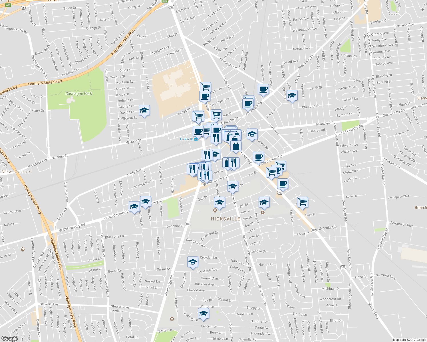 map of restaurants, bars, coffee shops, grocery stores, and more near 118 West Cherry Street in Hicksville