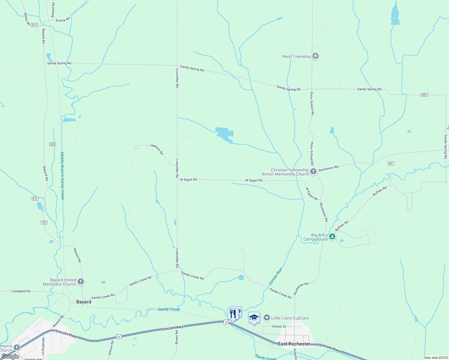 map of restaurants, bars, coffee shops, grocery stores, and more near 24376 West Egypt Road in Minerva