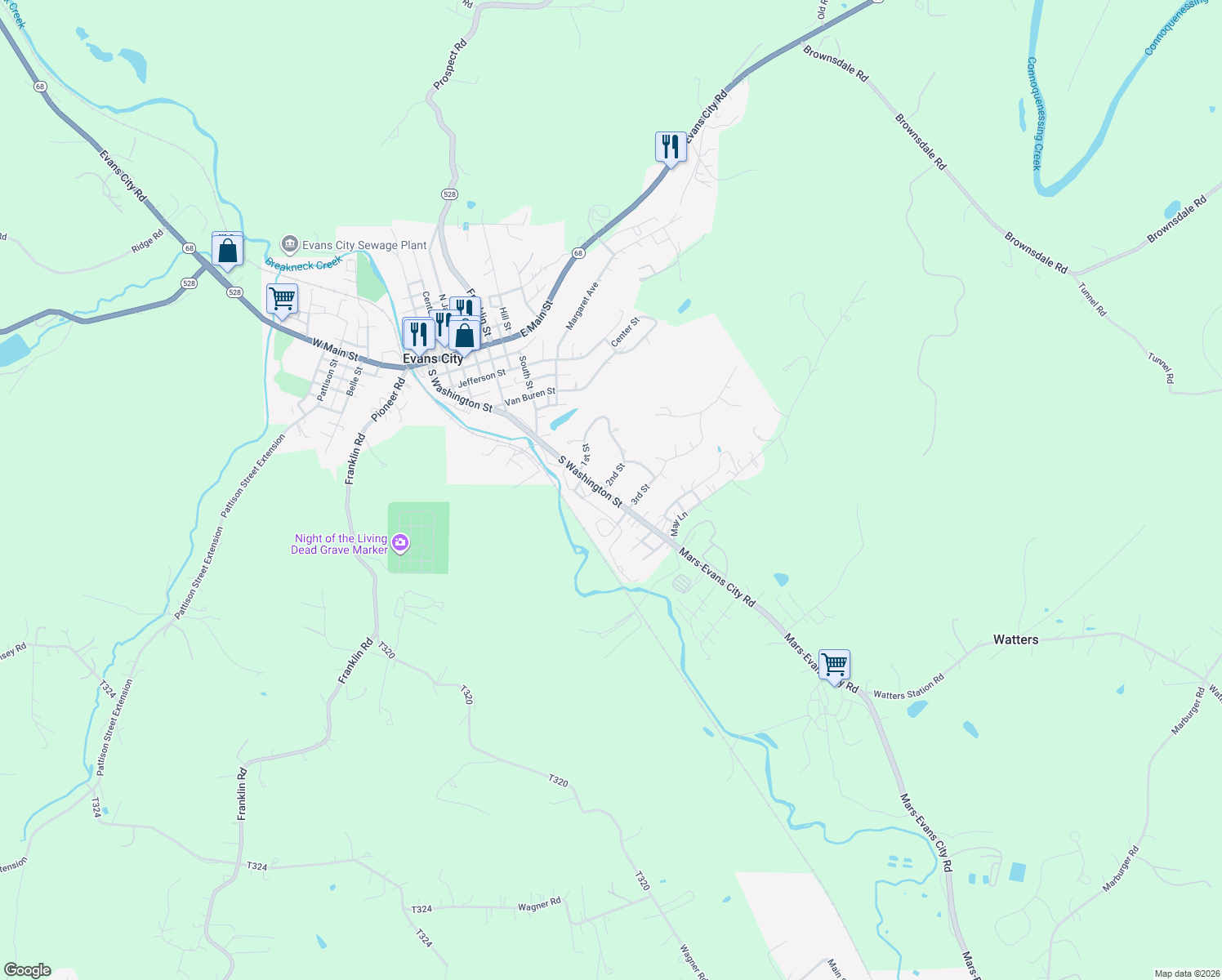 map of restaurants, bars, coffee shops, grocery stores, and more near 901 South Washington Street in Evans City