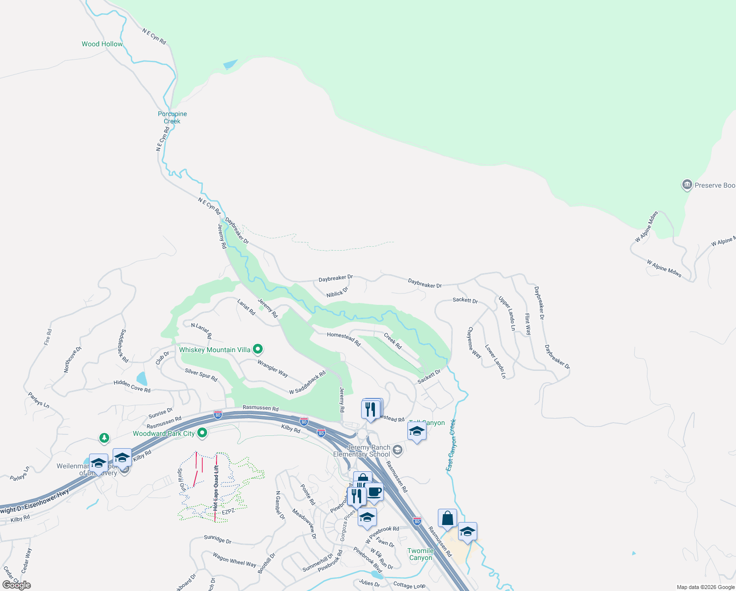 map of restaurants, bars, coffee shops, grocery stores, and more near 9246 Par Court in Park City