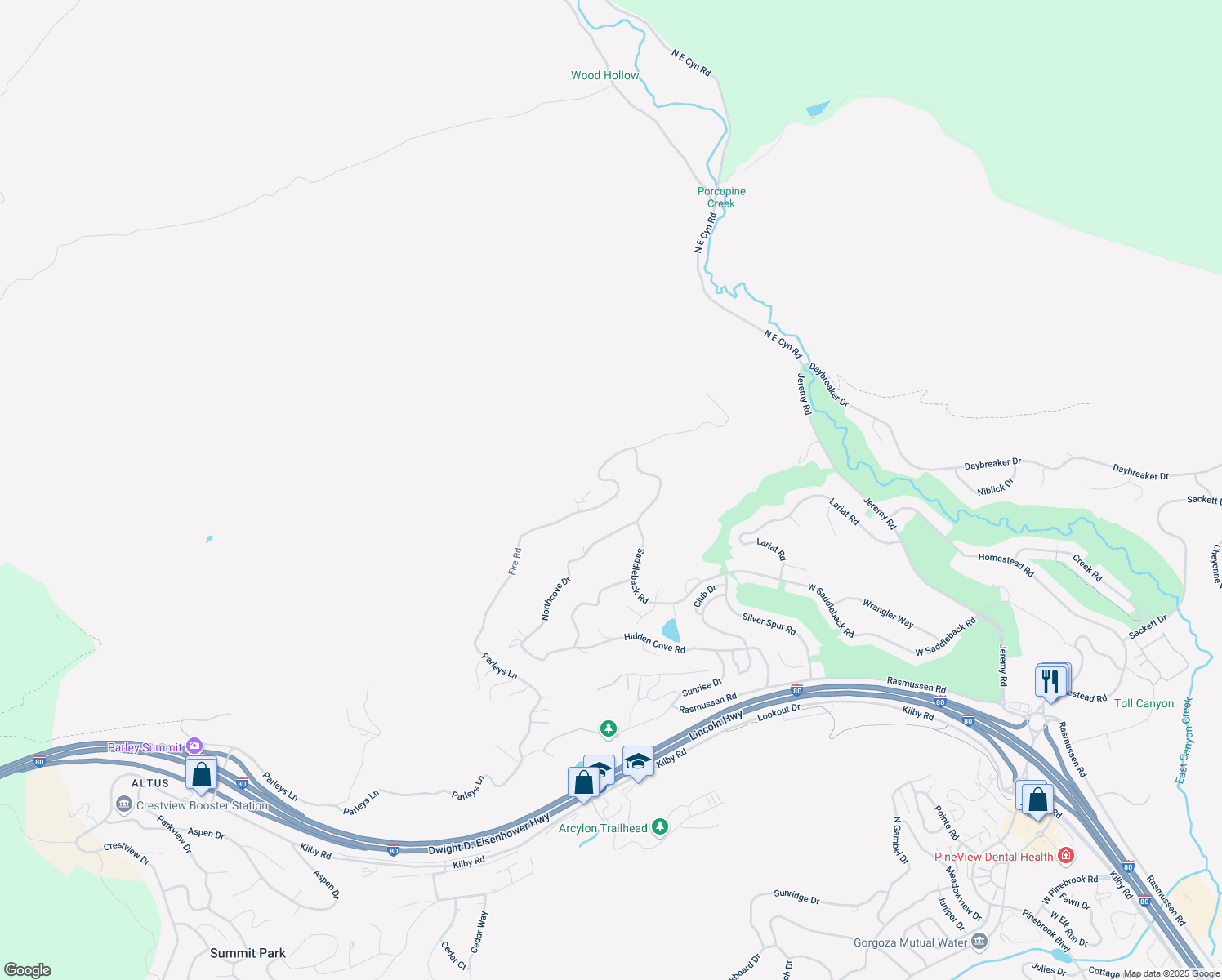 map of restaurants, bars, coffee shops, grocery stores, and more near 4230 Moosehollow Road in Park City