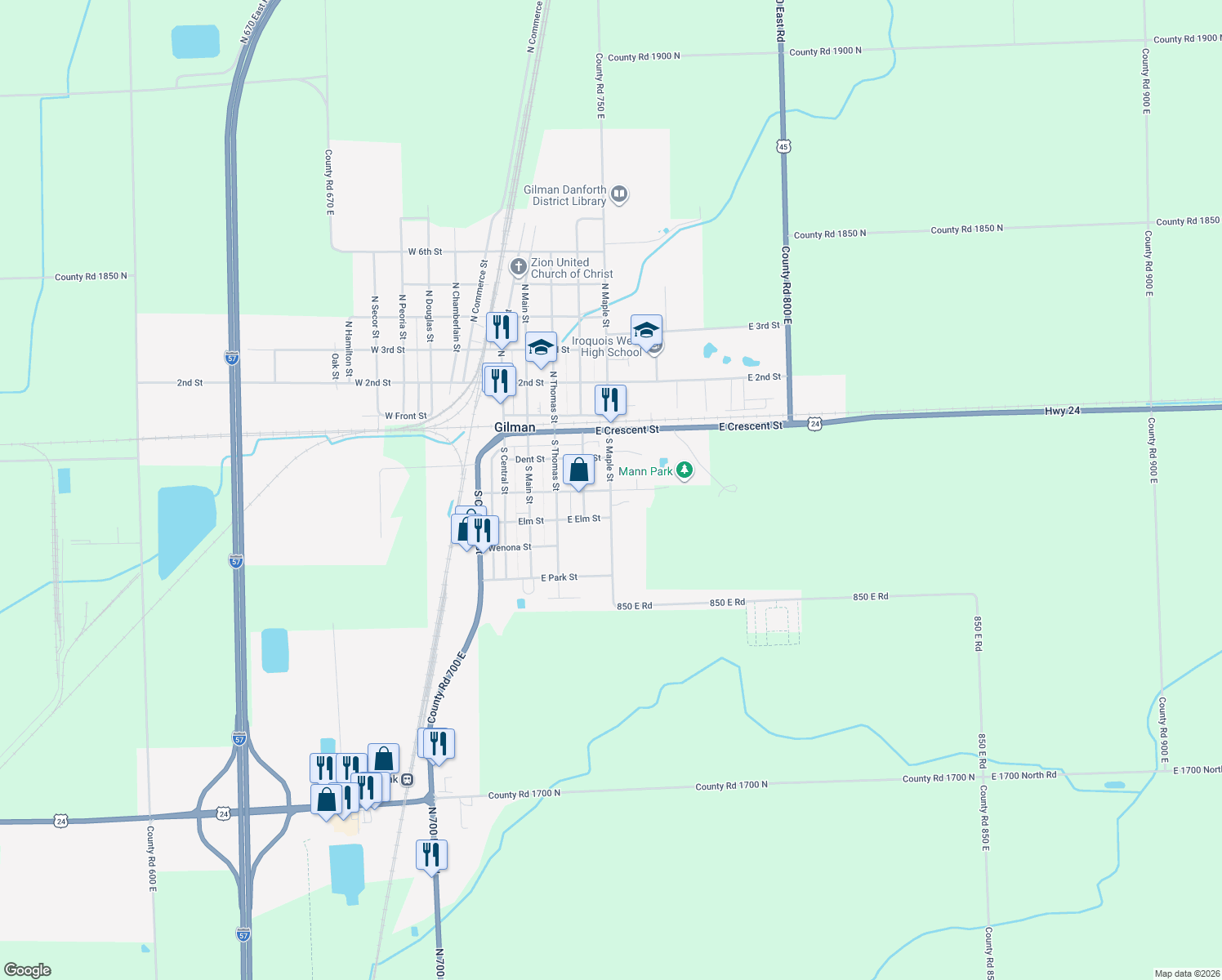 map of restaurants, bars, coffee shops, grocery stores, and more near 500 East Mann Street in Gilman