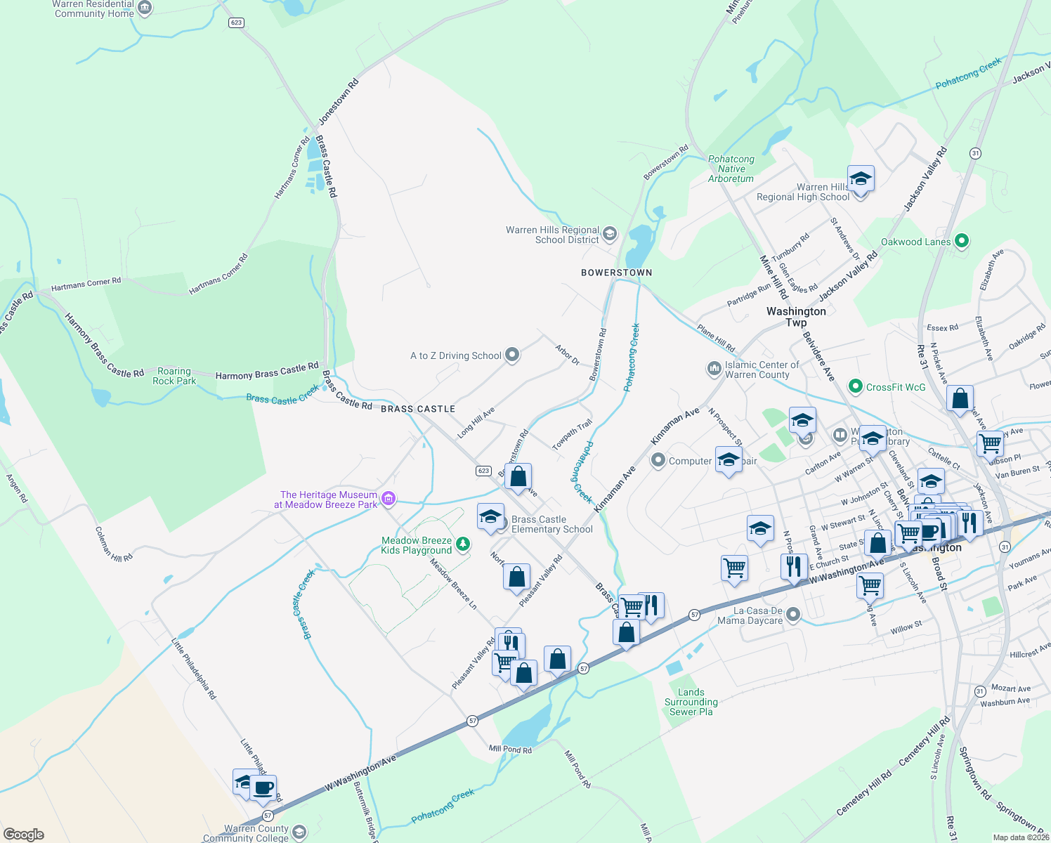 map of restaurants, bars, coffee shops, grocery stores, and more near 25 Bowerstown Road in Washington