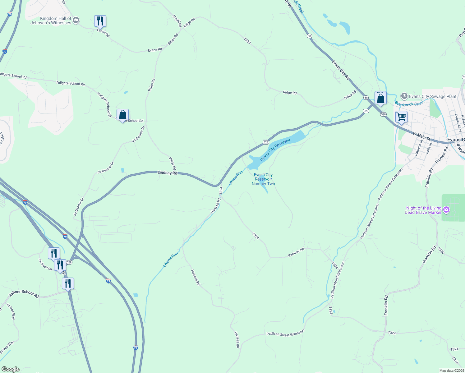 map of restaurants, bars, coffee shops, grocery stores, and more near 105 Sable Run in Zelienople