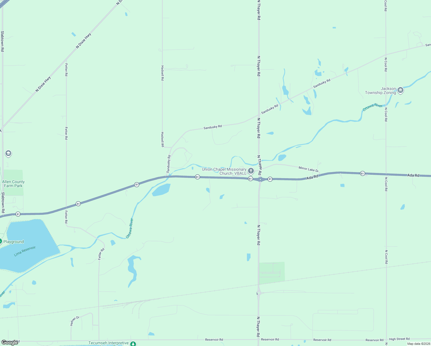 map of restaurants, bars, coffee shops, grocery stores, and more near 4545 Ada Road in Lima