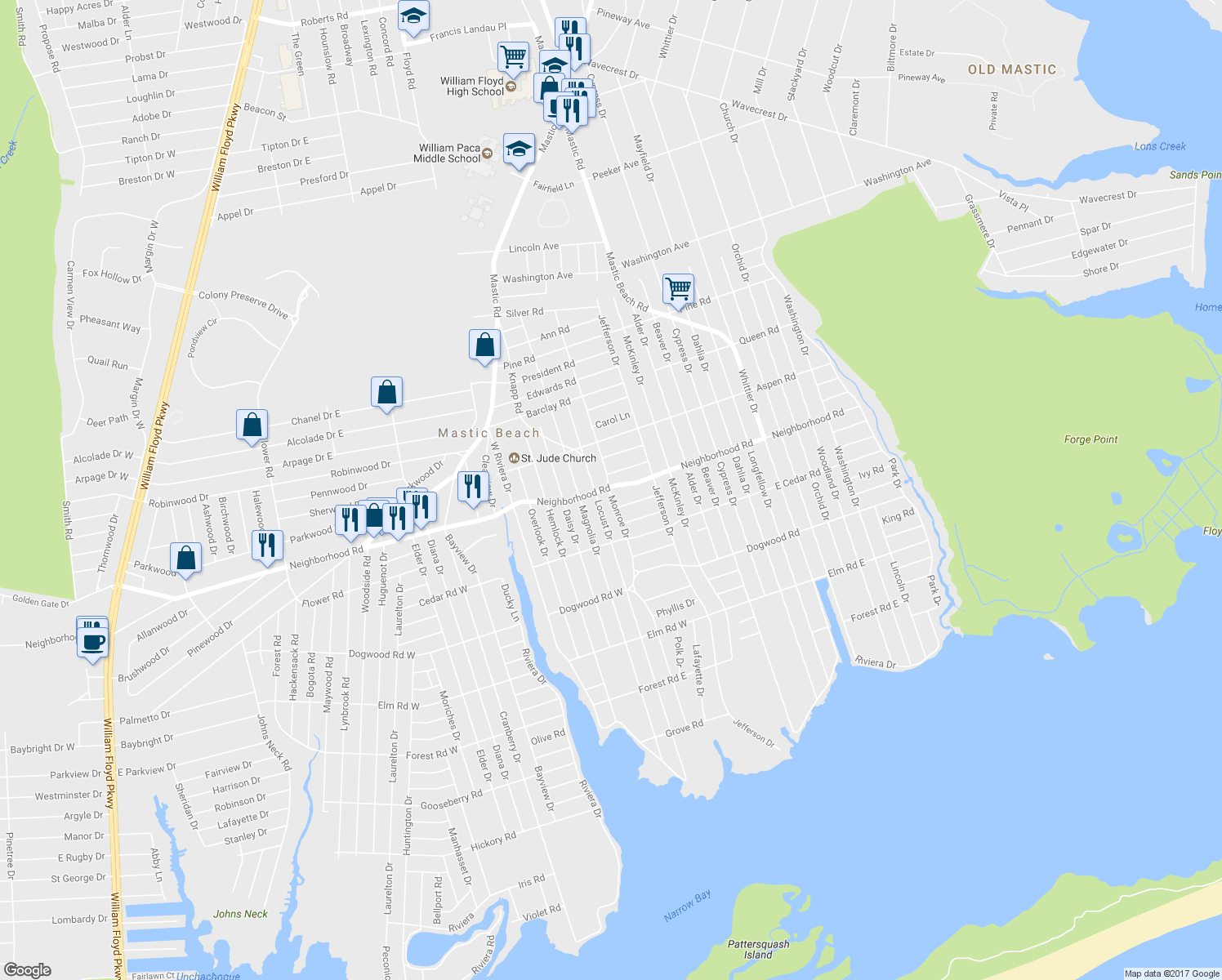 map of restaurants, bars, coffee shops, grocery stores, and more near 155 Locust Drive in Mastic Beach