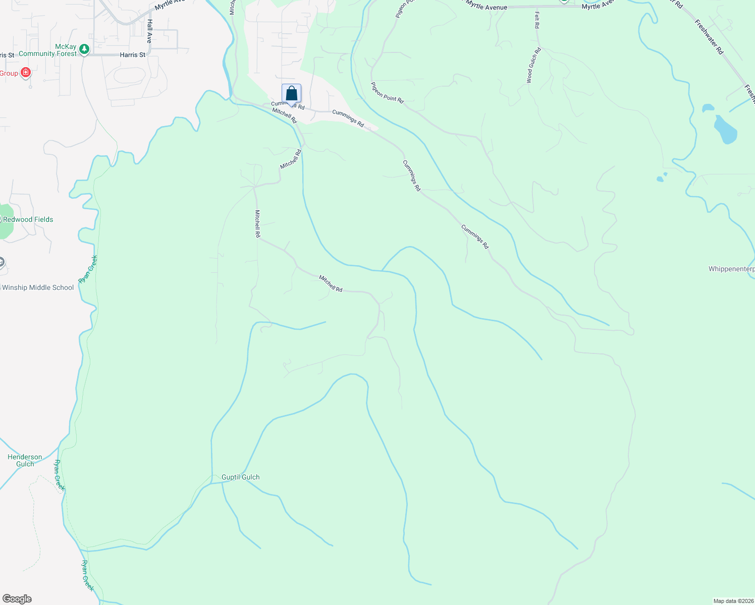 map of restaurants, bars, coffee shops, grocery stores, and more near 4580 Mitchell Rd in Eureka