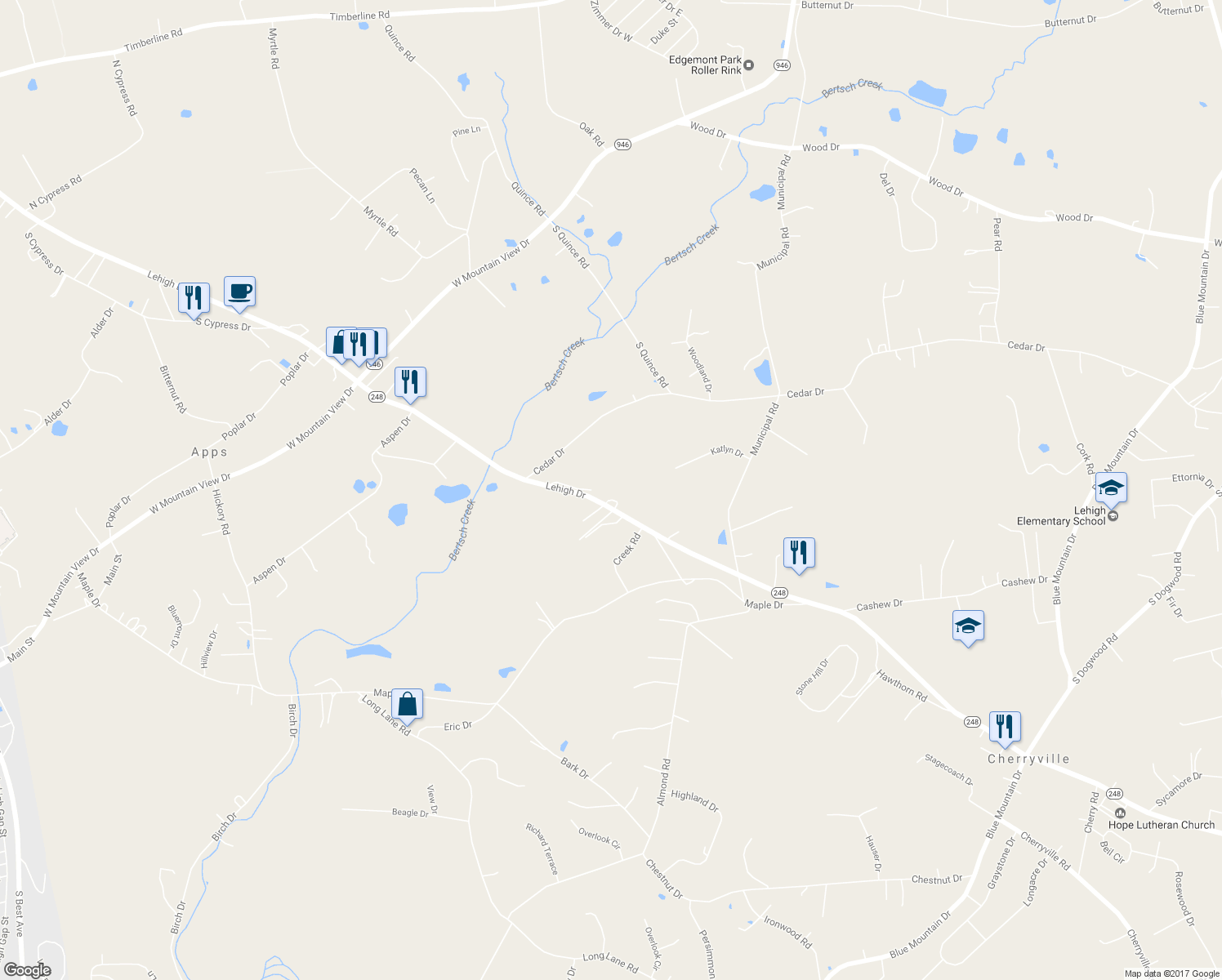 map of restaurants, bars, coffee shops, grocery stores, and more near 4472 Lehigh Drive in Walnutport