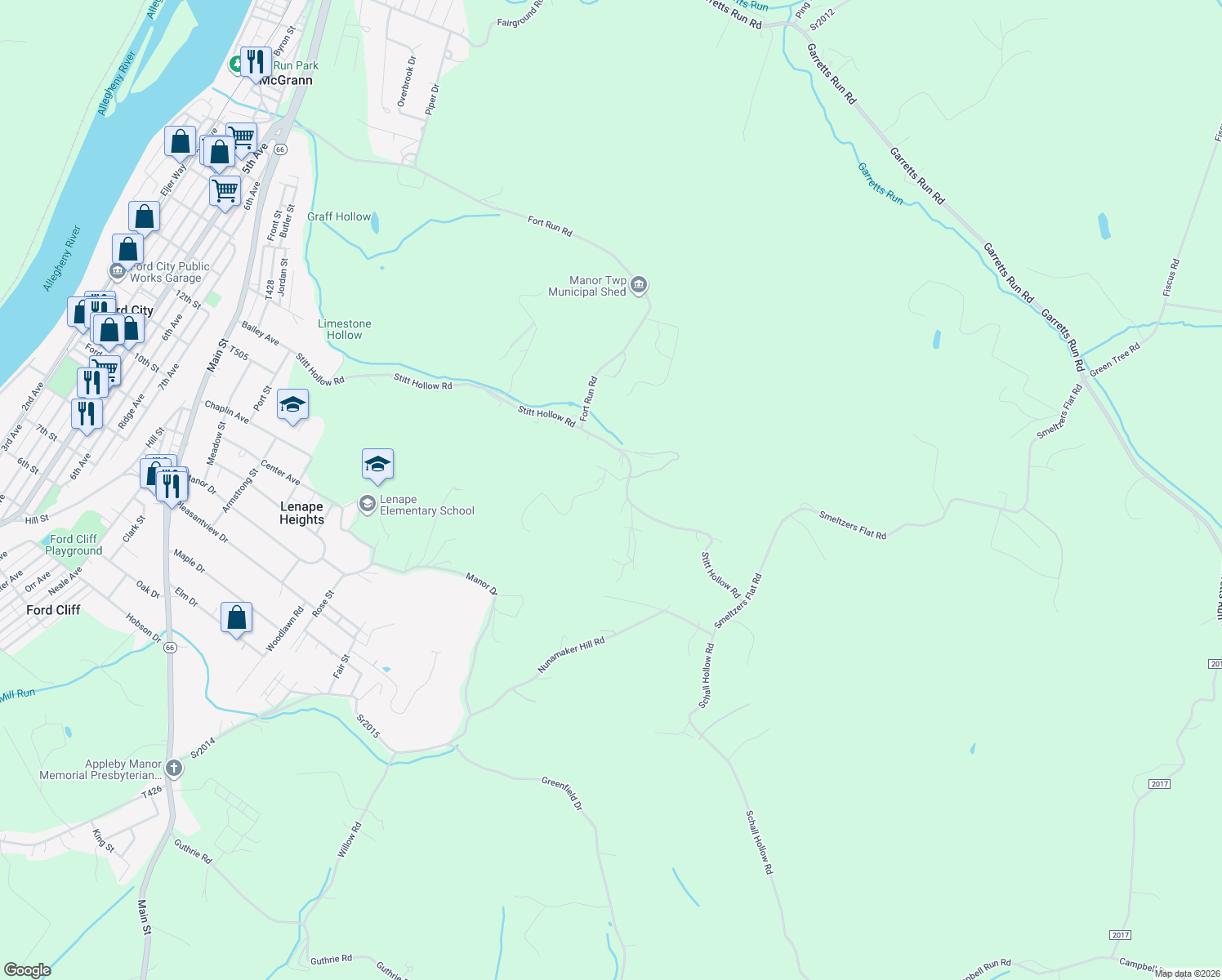 map of restaurants, bars, coffee shops, grocery stores, and more near 111 Lucinda Lane in Ford City