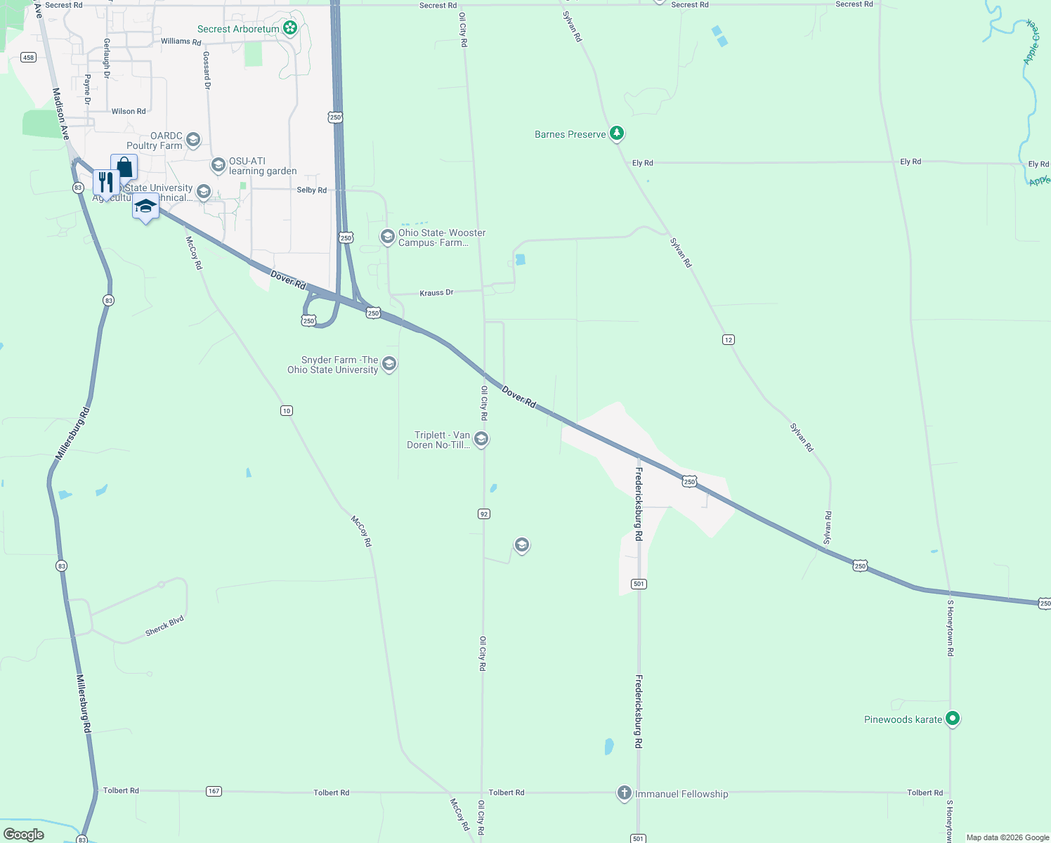 map of restaurants, bars, coffee shops, grocery stores, and more near 3097 Dover Road in Wooster