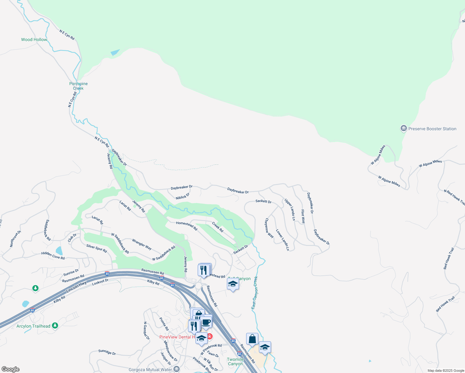 map of restaurants, bars, coffee shops, grocery stores, and more near 2938 Daybreaker Drive in Park City