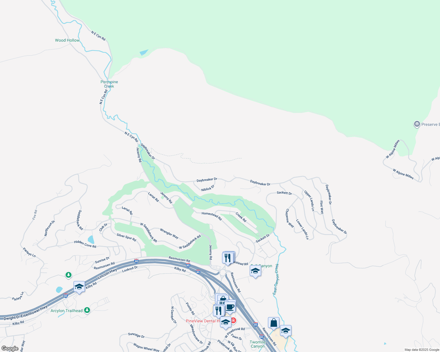 map of restaurants, bars, coffee shops, grocery stores, and more near 3200 Daybreaker Drive in Park City