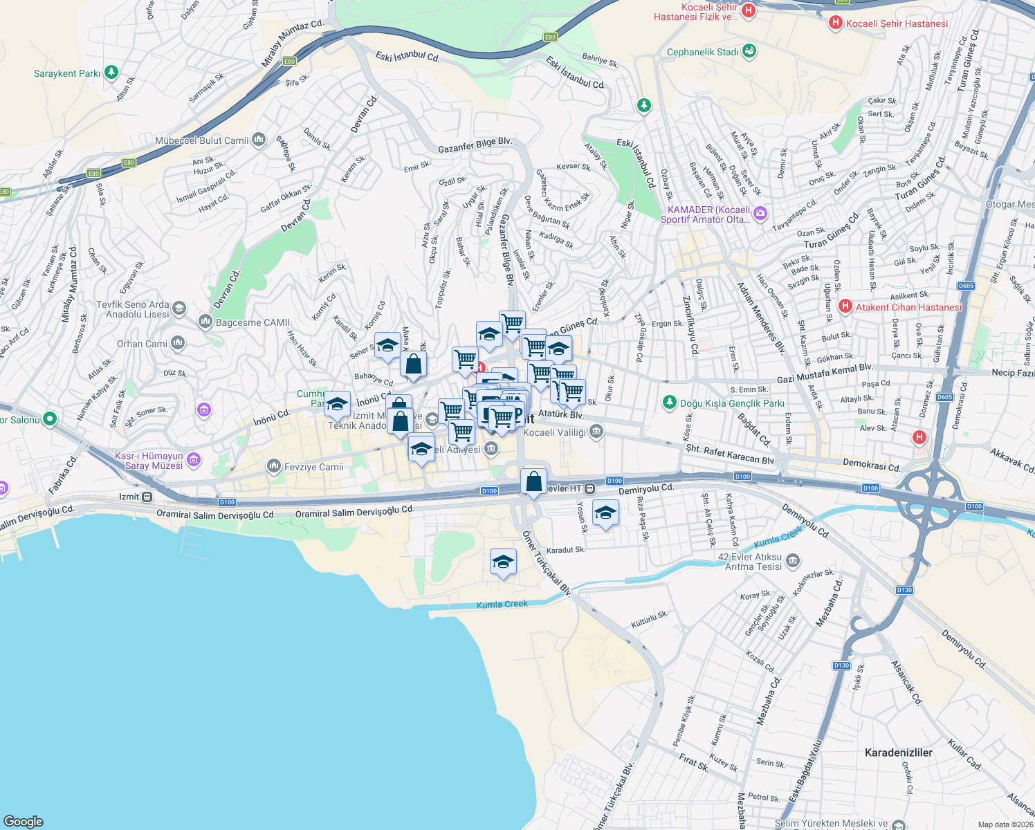 map of restaurants, bars, coffee shops, grocery stores, and more near 1 Gazanfer Bilge Sokak in İzmit