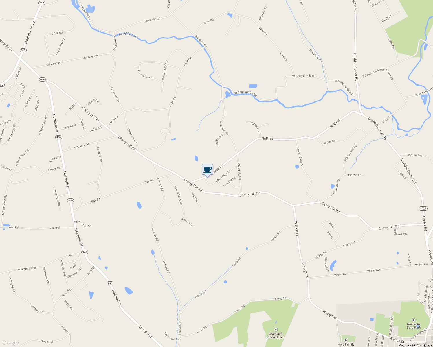 map of restaurants, bars, coffee shops, grocery stores, and more near 443 Nolf Road in Nazareth