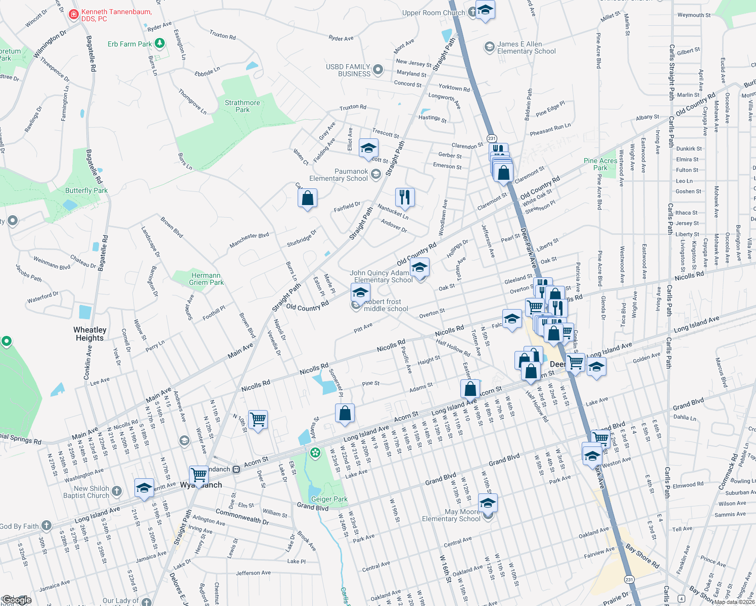 map of restaurants, bars, coffee shops, grocery stores, and more near 457 Half Hollow Road in Deer Park
